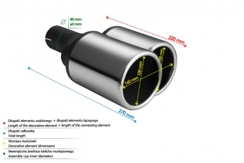 Dvojitá koncovka výfuku Ulter oválná - průměr 100mm/160:2mm / délka 220mm, bez mřížky - pravá