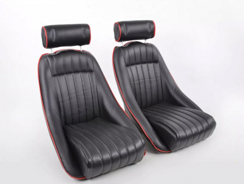 Sportovní sedačky Retro s opěrkou hlavy - černé, červený šev