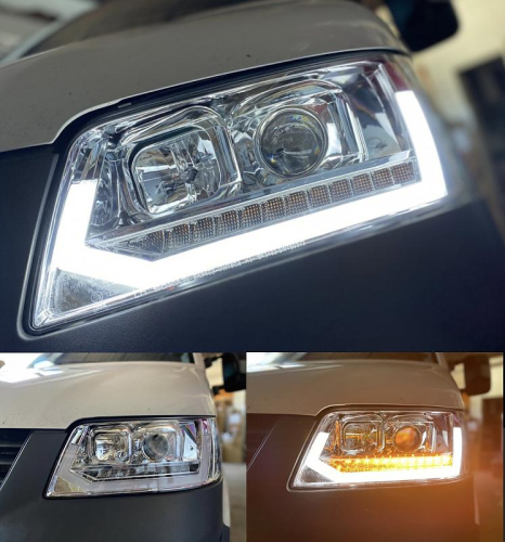 FULL LED přední čirá světla s dynamickým blikačem a denním svícením Volkswagen T5 - chrom
