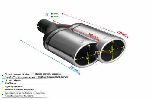 Dvojitá koncovka výfuku Ulter oválná - průměr 80mm/220:2mm / délka 200mm/220mm, bez mřížky - levá