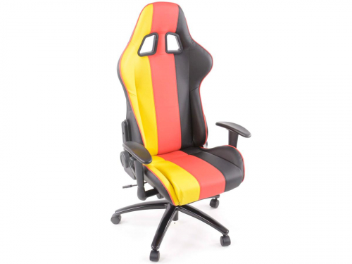 Sportovní sedačka - kancelářská židle, koženková, červeno-žluto-černá