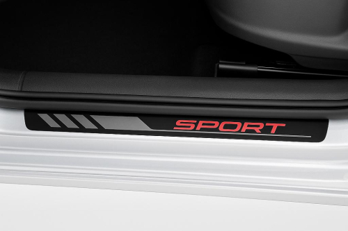 Dekorativní kryty prahů s nápisem SPORT pro Škoda Kamiq - černá/ červená